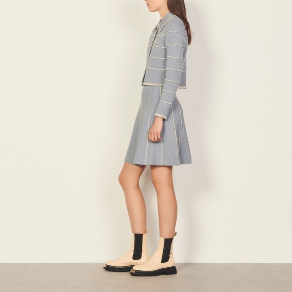 SANDRO Intrigue Cloqué Mini Skirt In Blue - Picture 7 of 9